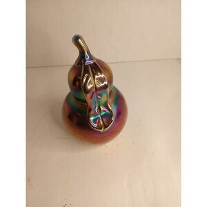 Large Art Glass Cobalt Carnival Pear Paperweight Iridescent Oil Slick